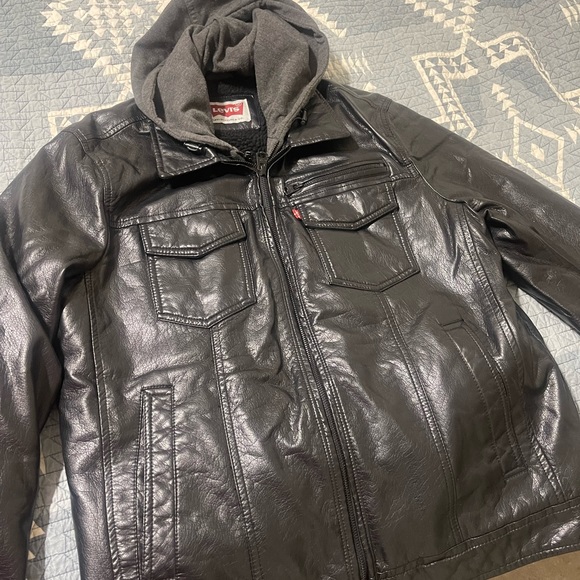 Levi's Black Leather Jacket with Gray Hood - Picture 3 of 6